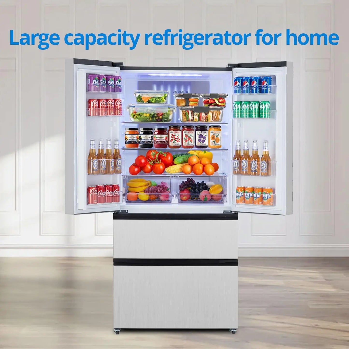 PioneerWorks French Door Refrigerator Large Capacity 18.8 Cubic Feet 4 Door Full Size Counter Depth Stainless Steel Auto Defrost