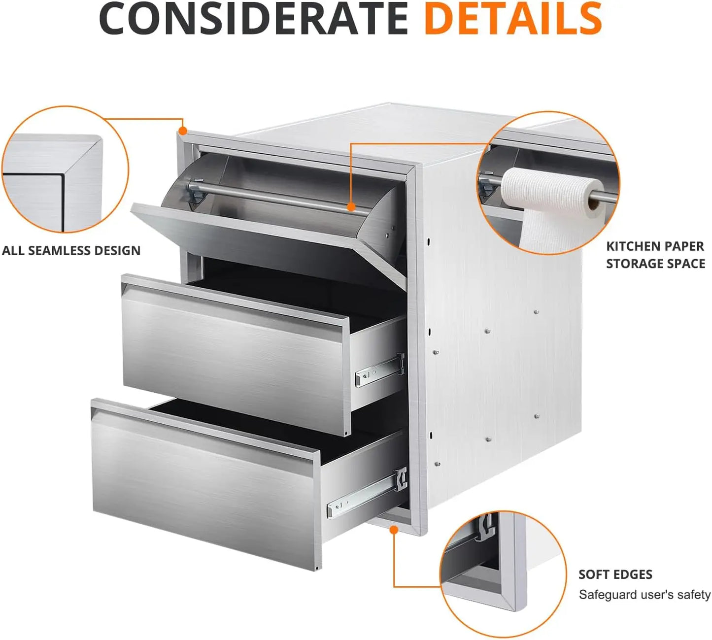 Outdoor Kitchen Drawers with Paper Towel Holder Stainless Steel Outdoor Kitchen Drawers 3 Layer Flush Mount BBQ Drawers