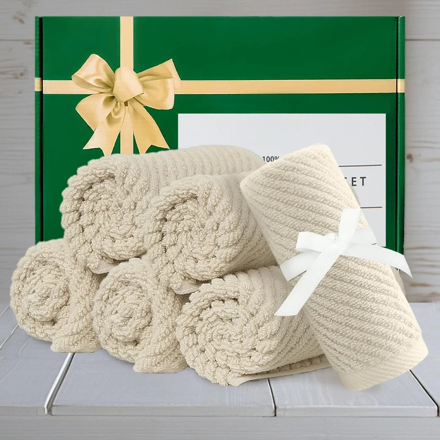 Cotton Towel Set of 6 Deluxe 13 Inch by 13 Inch Body Wash Cloths Quick Dry Bathroom Hand Towels Beige Tan Gift Set