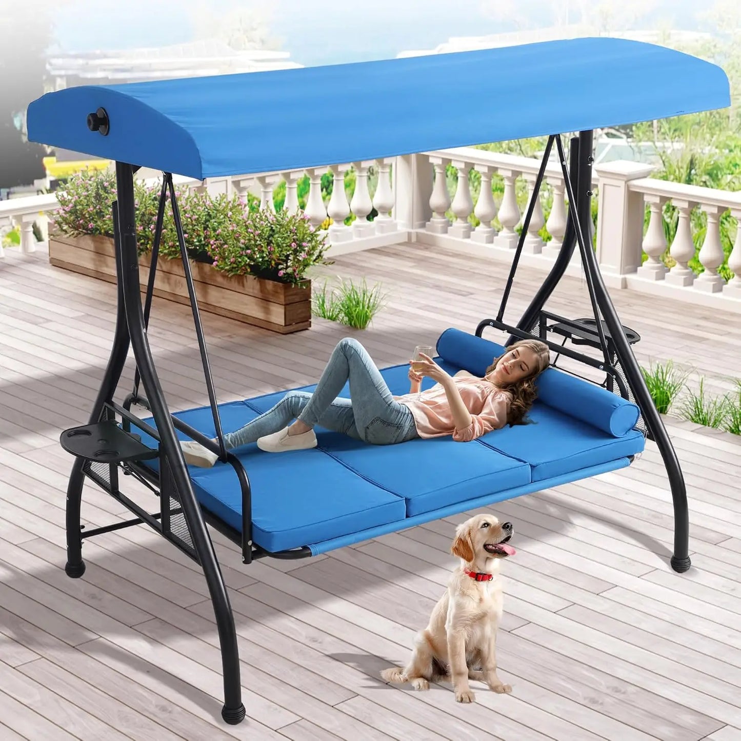 Outdoor Porch Swing With Canopy And Stand 3 Person Patio Convertible 2 In 1 Bed