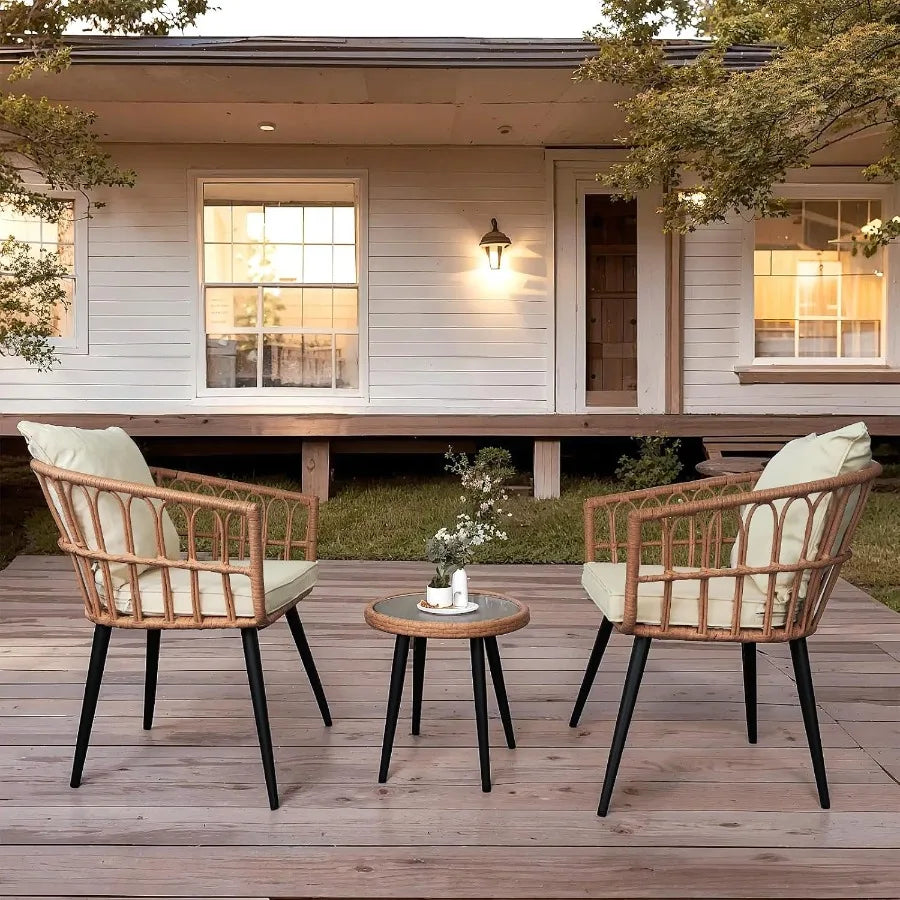 3 Piece Patio Bistro Set Outdoor Rattan With Glass Table