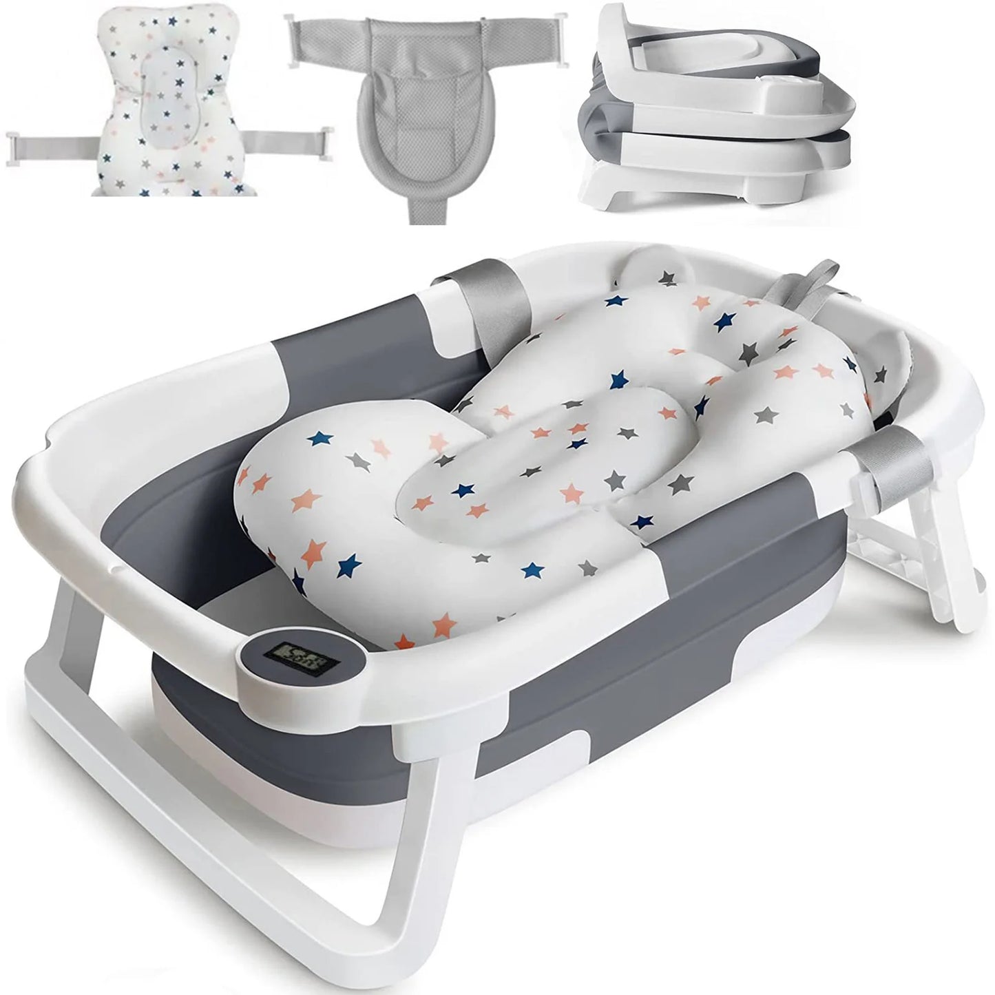 Baby Bathtub with Real Time Temperature Display Non Slip Foldable Tub and Cushion Support for Shower