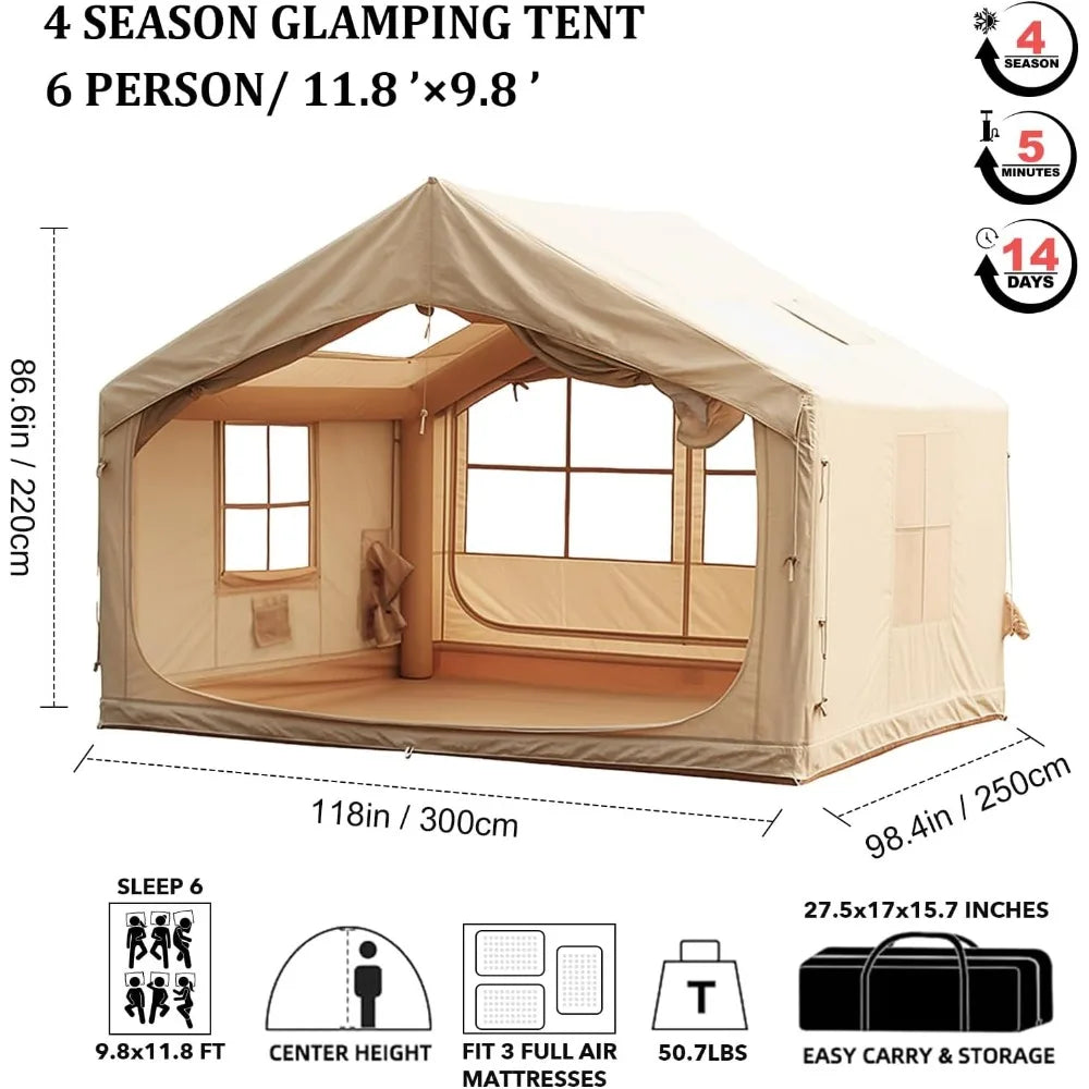 10 Foot x 8 Foot Blow Up Tents for Camping Inflatable Camping Tent for 6 to 8 People Four Season Tent with Stove Jack Waterproof