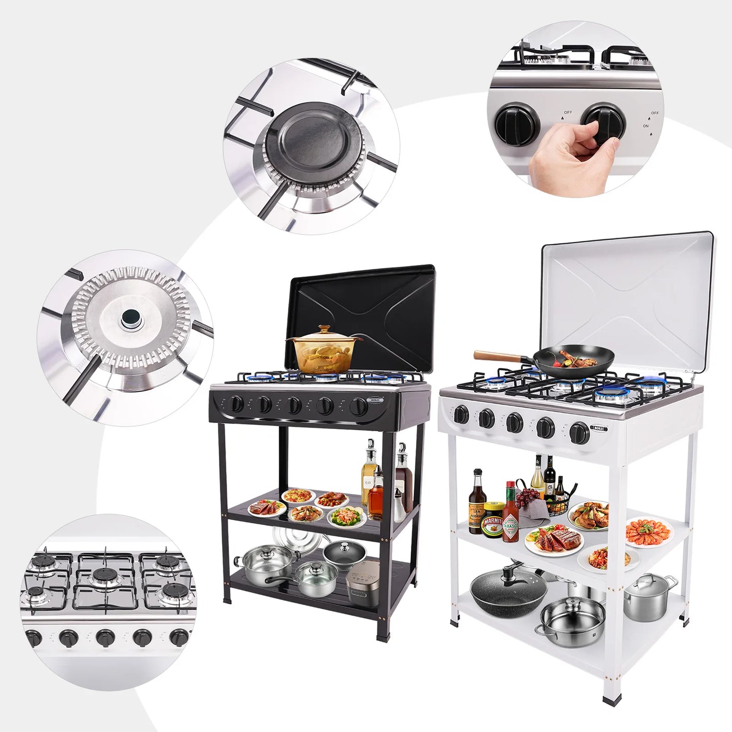 5 Burner Propane Gas Stove with Support Leg Stand and Wind Blocking Cover 2.5KW Independent Control Camping Stove