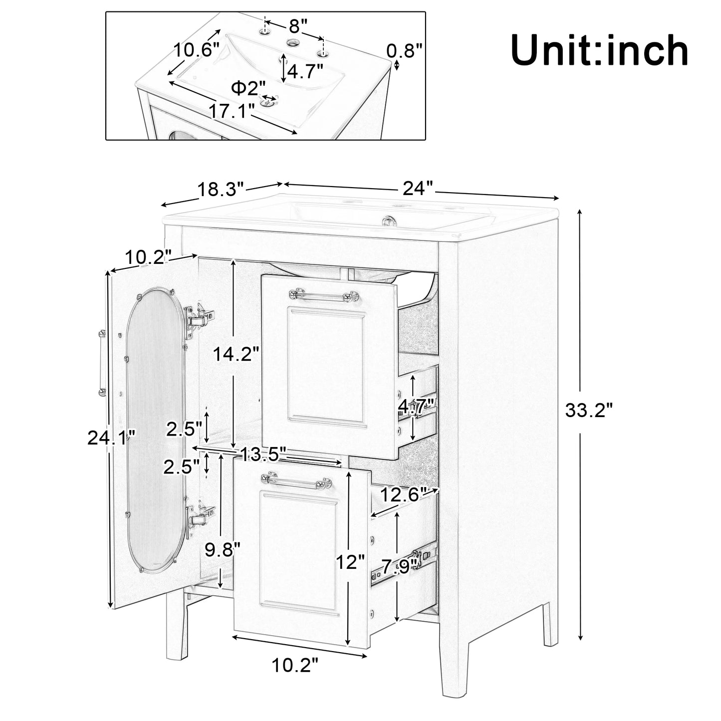 Sh Kl 24 Inch Bathroom Vanity with Sink Solid Wood and MDF Bathroom Furniture Cabinet