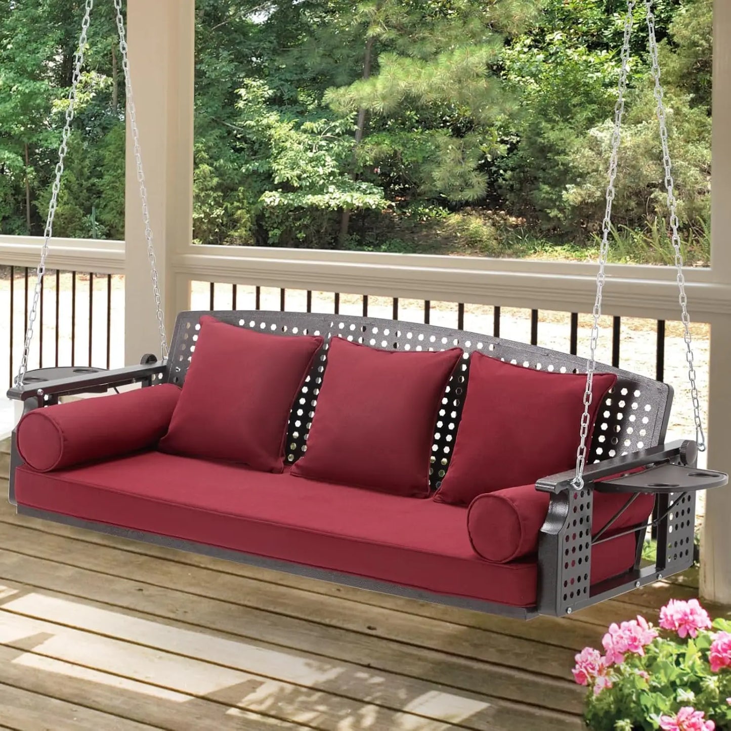 3 Seat Porch Swing With Cup Holders And Back Cushions For Deck Garden