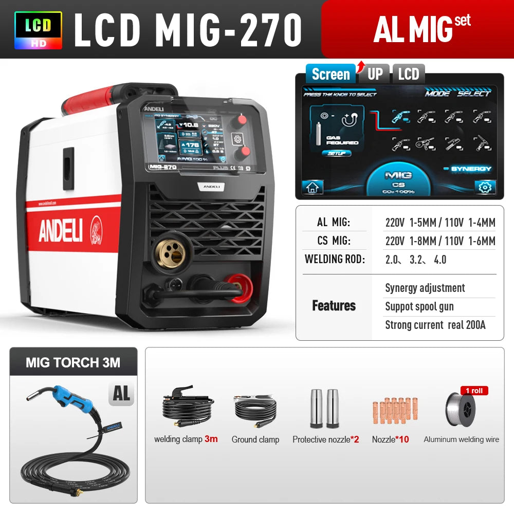 Andeli 200A Semi Automatic Welding Machine MIG TIG MMA Inverter Welder Spool Gun Compatible