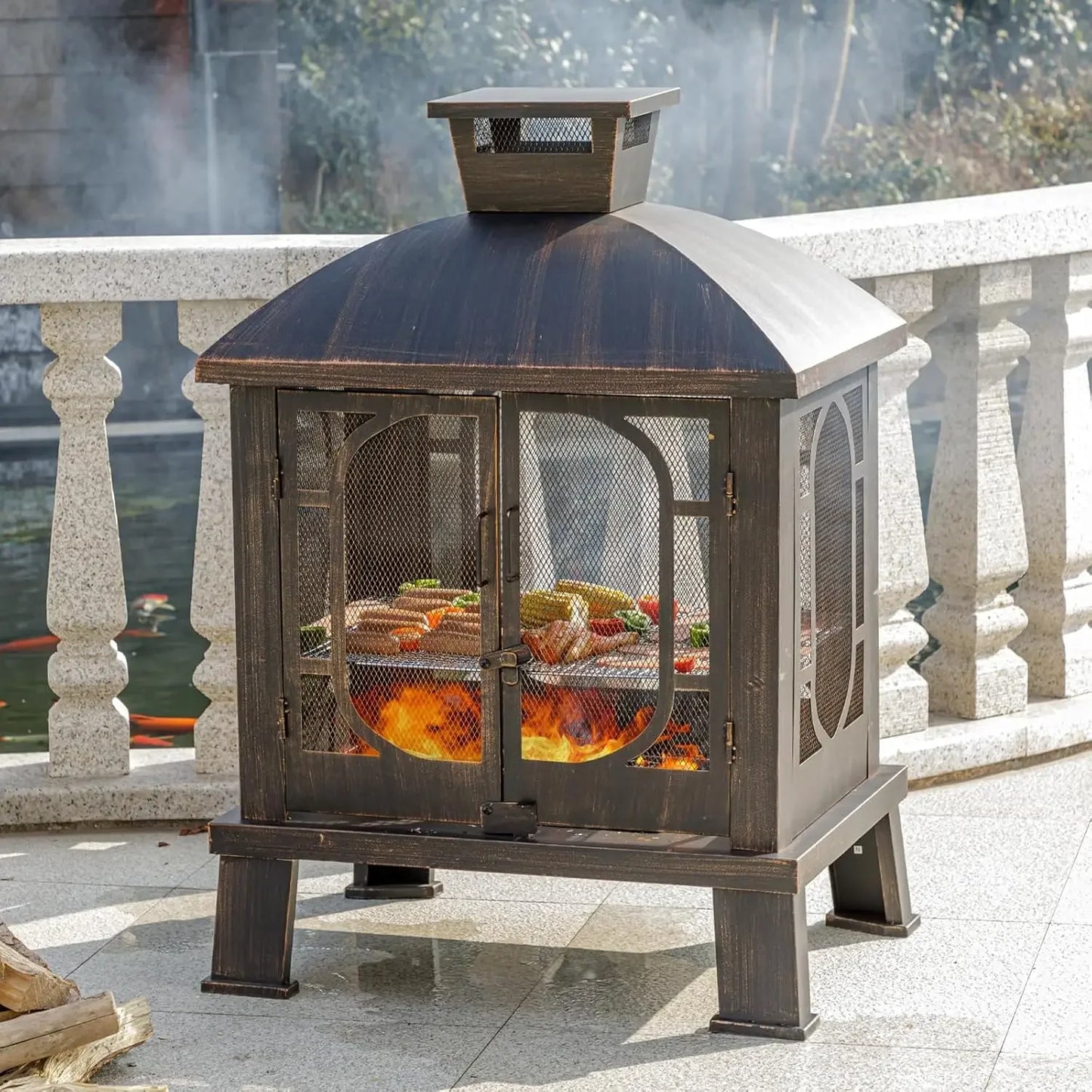 45 Inch H by 31 Inch W Metal Chiminea Fire Pit with Grill Wood Burning Fire Pit for Outside Square Chiminea Fireplace with Mesh Spark Screen Door and Fire Poker for Garden Yard BBQ Bonfire