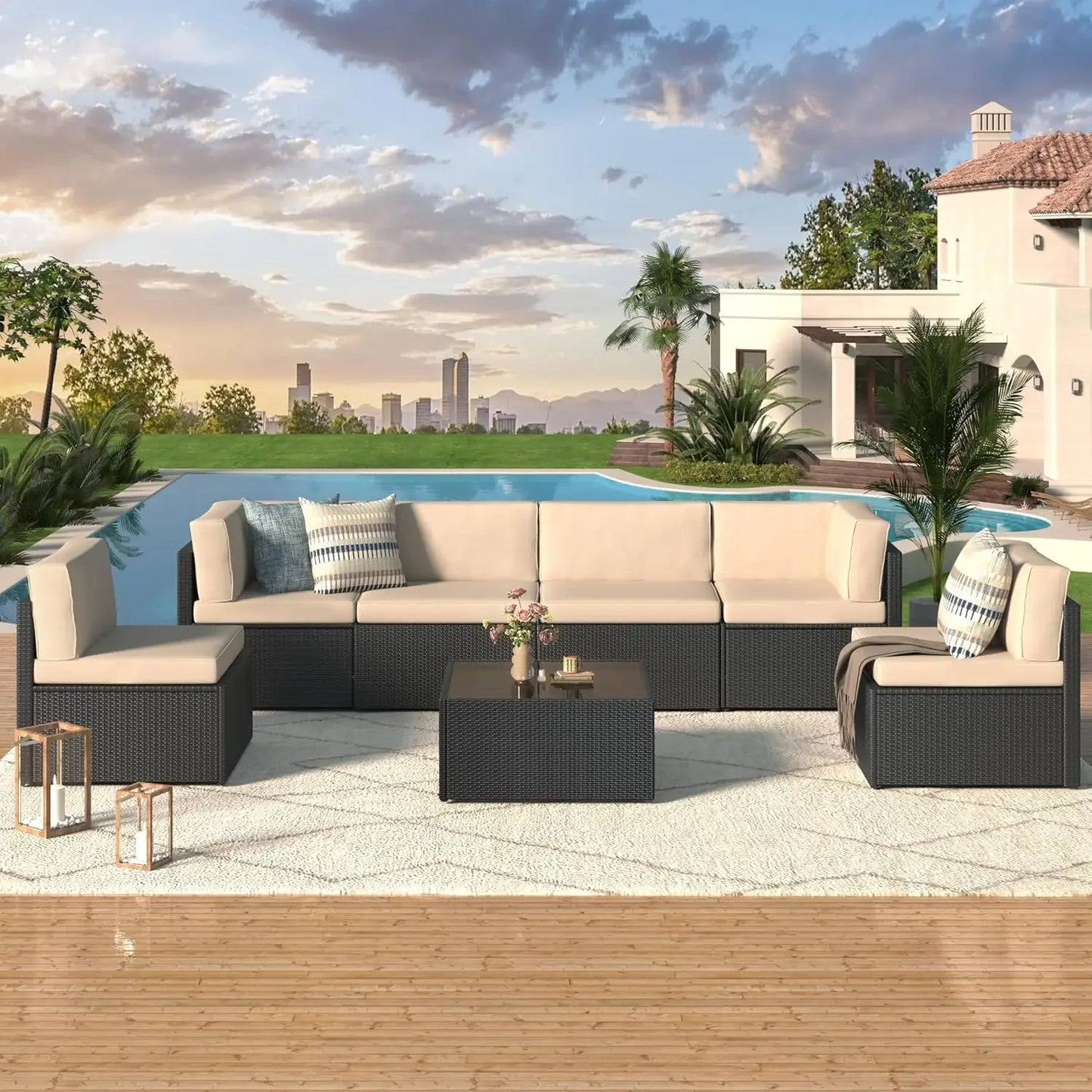 7 Piece Outdoor Patio Furniture Set Grey PE Rattan Wicker Sectional Chair Set with Cushions