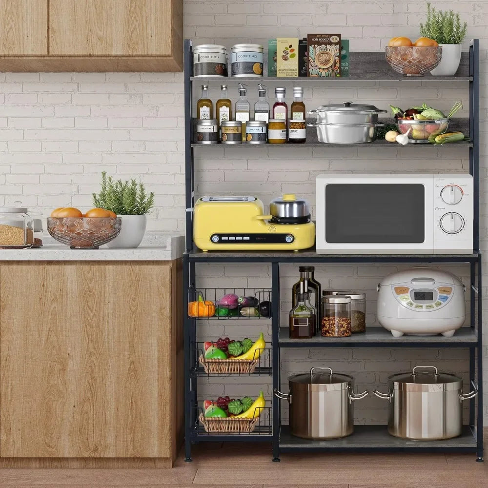 Kitchen Bakers Rack with Baskets 5 Tier Kitchen Utility Storage Shelf with Hooks Microwave Oven Stand Rack