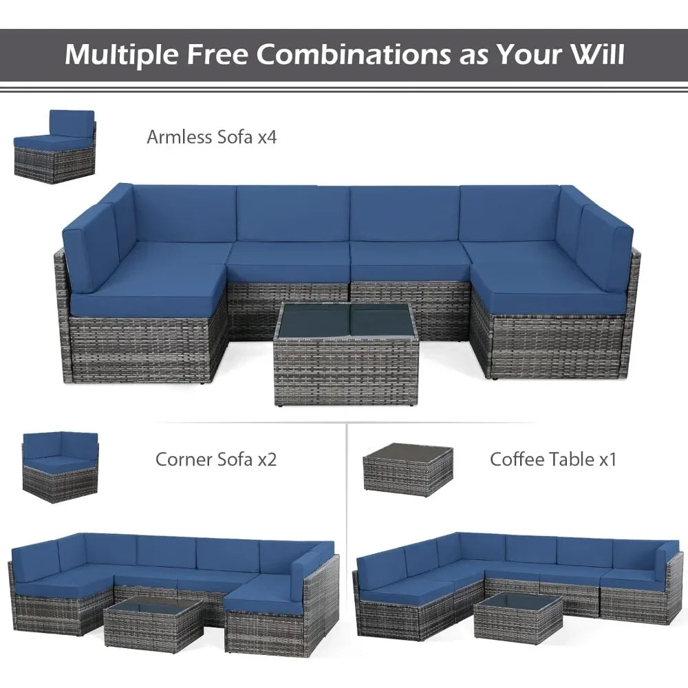 7 Piece Outdoor Patio Furniture Set Grey PE Rattan Wicker Sectional Chair Set with Cushions