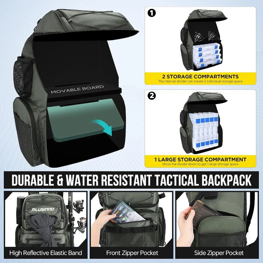 Plusinno Fishing Backpack with Rod Holders and Cooler 45L Large Water Resistant Fishing Tackle Bag