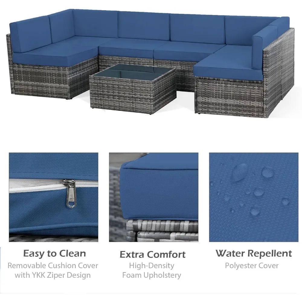 7 Piece Outdoor Patio Furniture Set Grey PE Rattan Wicker Sectional Chair Set with Cushions