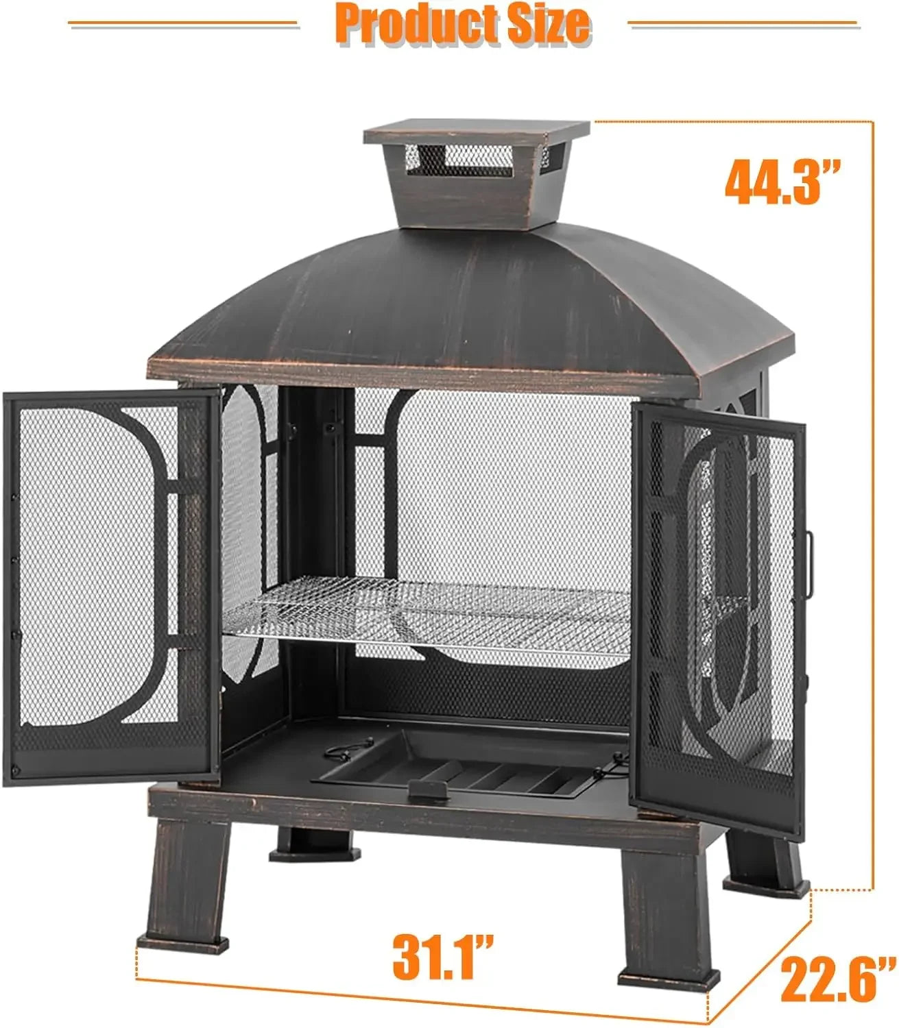 45 Inch H by 31 Inch W Metal Chiminea Fire Pit with Grill Wood Burning Fire Pit for Outside Square Chiminea Fireplace with Mesh Spark Screen Door and Fire Poker for Garden Yard BBQ Bonfire