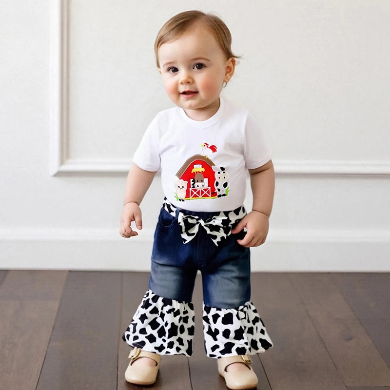 Baby Girl Farm Piglet Embroidery Denim Set With Headband