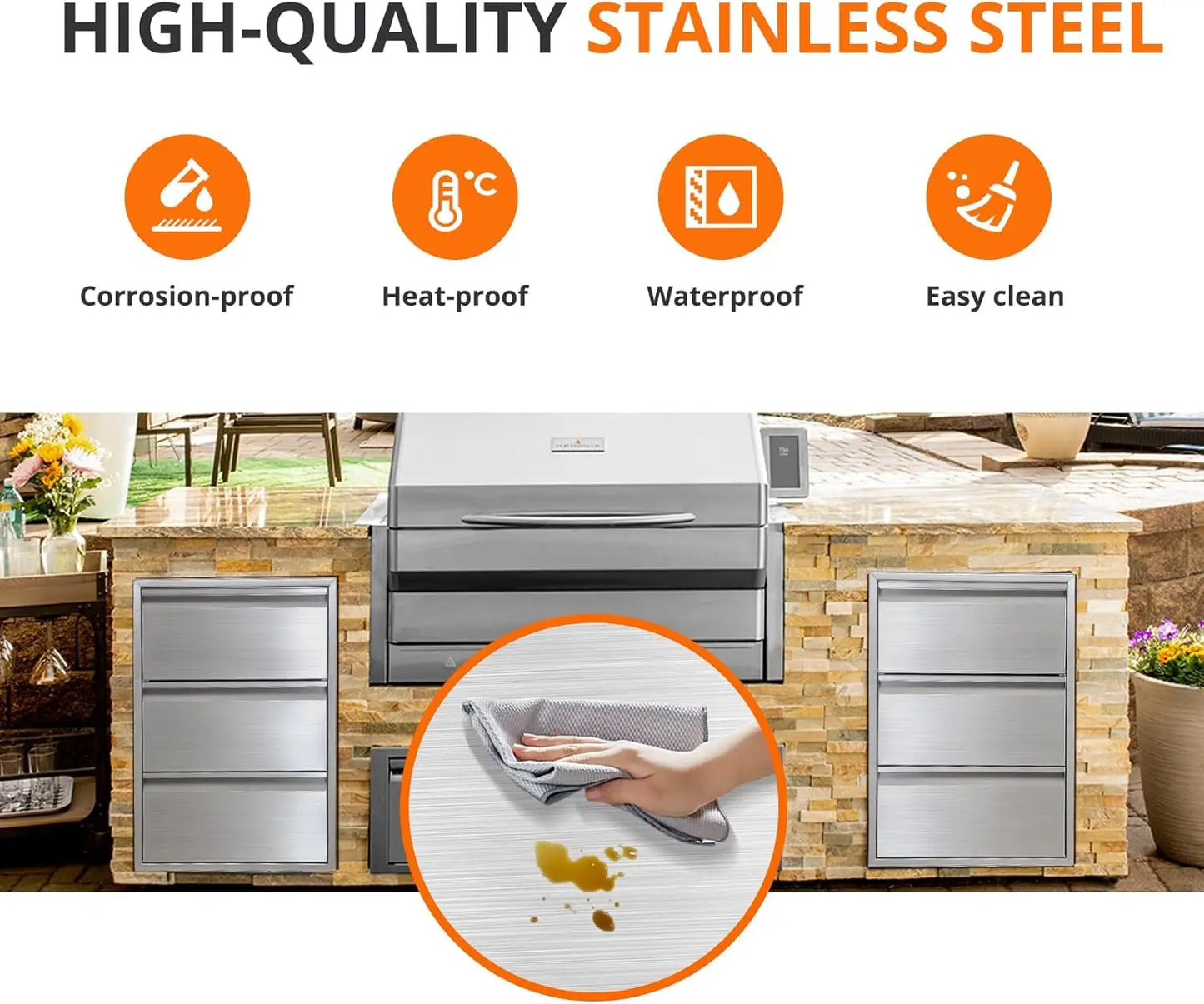 Outdoor Kitchen Drawers with Paper Towel Holder Stainless Steel Outdoor Kitchen Drawers 3 Layer Flush Mount BBQ Drawers