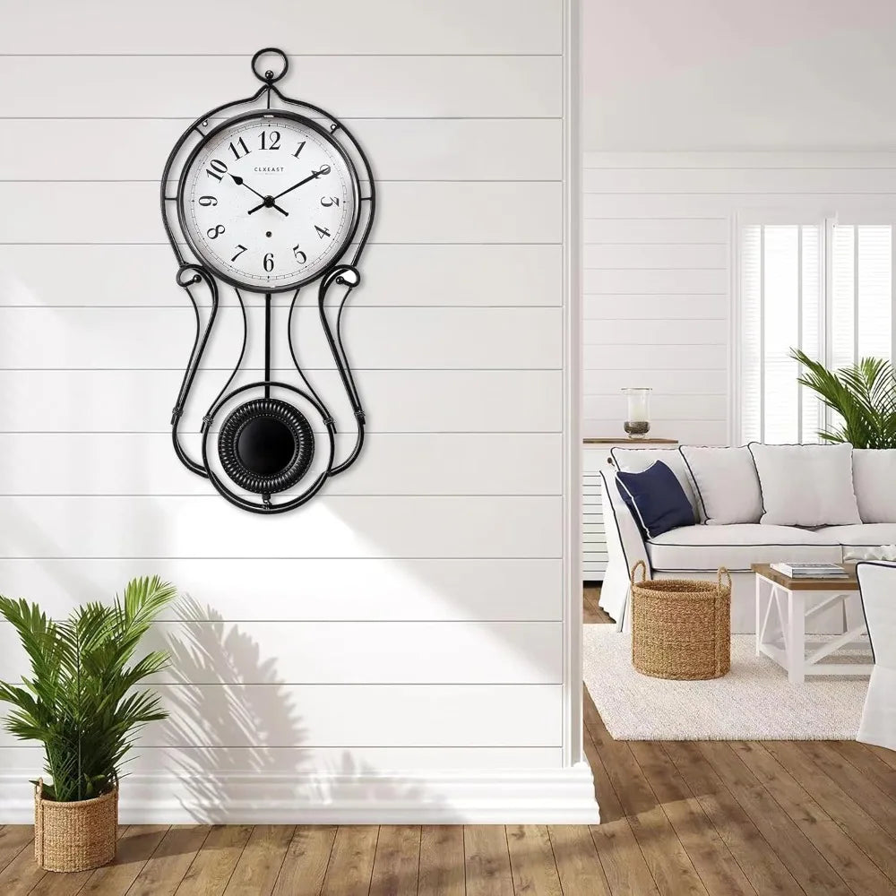 20 Inch Black Metal Pendulum Wall Clock Large Schoolhouse Regulator Circular Wall Clock