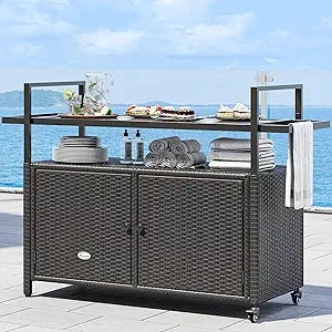 Large Outdoor Kitchen Wicker Island Rolling Cart and Patio Bar Table with Wheels and Black Glass Table Top for Backyard and Poolside Use