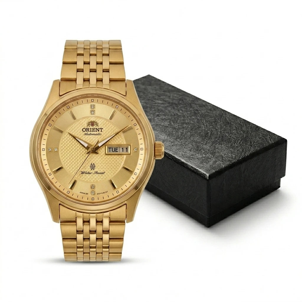 Orient Men's Business Automatic Mechanical Watch Dual Calendar Week Display Crystal Hour Markers Stainless Steel Band Wristwatch