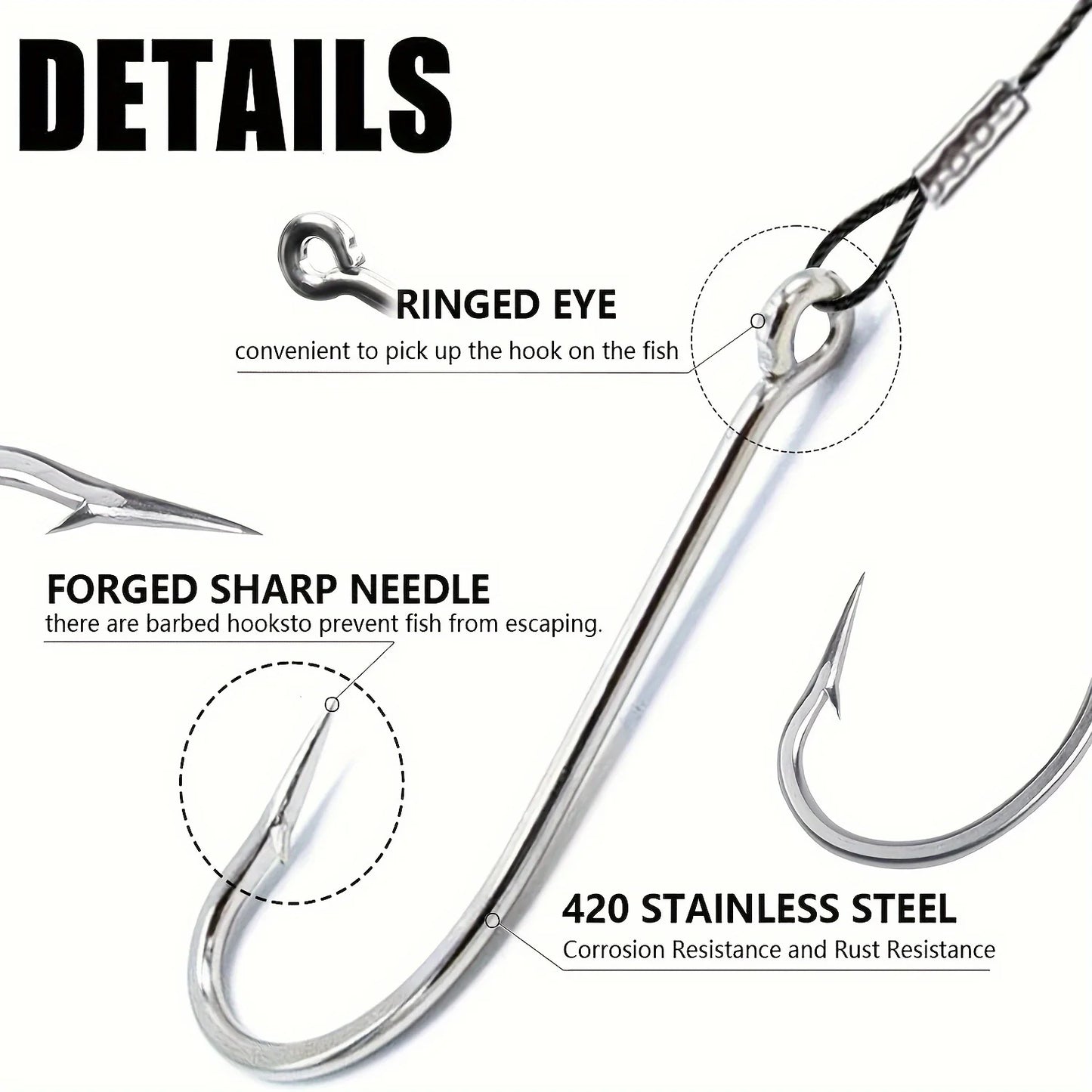 12pcsFishing Hook Rigs,Steel Leaders Long Shank Hook for Surf Fishing,Black Leader Wire O'shaughnessy Forged Hook for Freshwater
