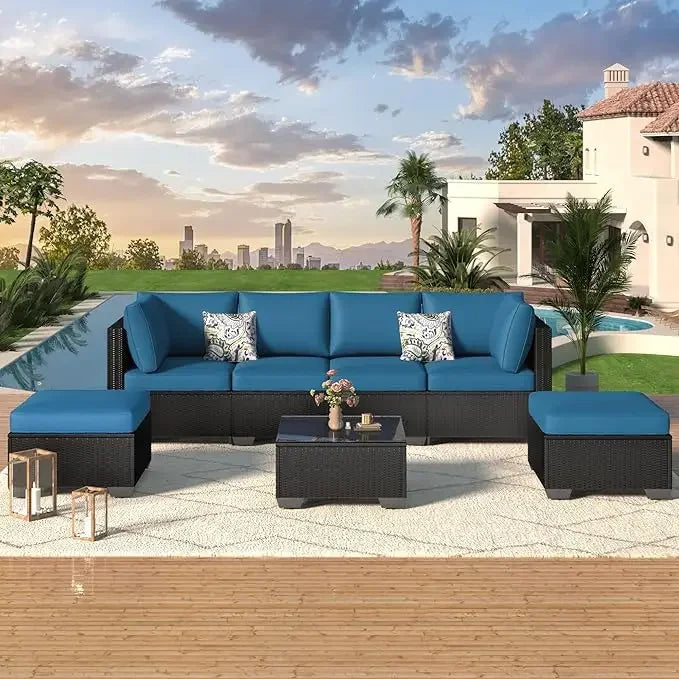 7 Piece Outdoor Patio Furniture Set Grey PE Rattan Wicker Sectional Chair Set with Cushions