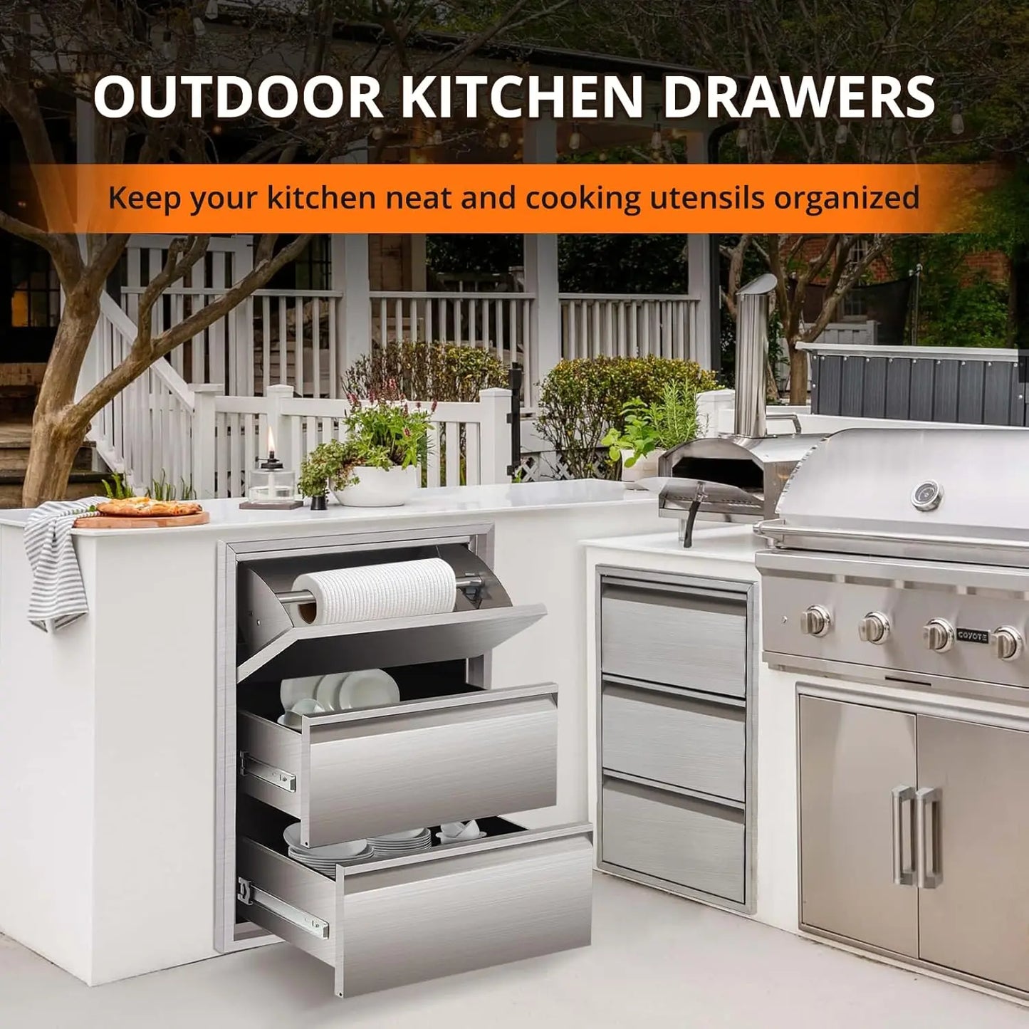 Outdoor Kitchen Drawers with Paper Towel Holder Stainless Steel Outdoor Kitchen Drawers 3 Layer Flush Mount BBQ Drawers