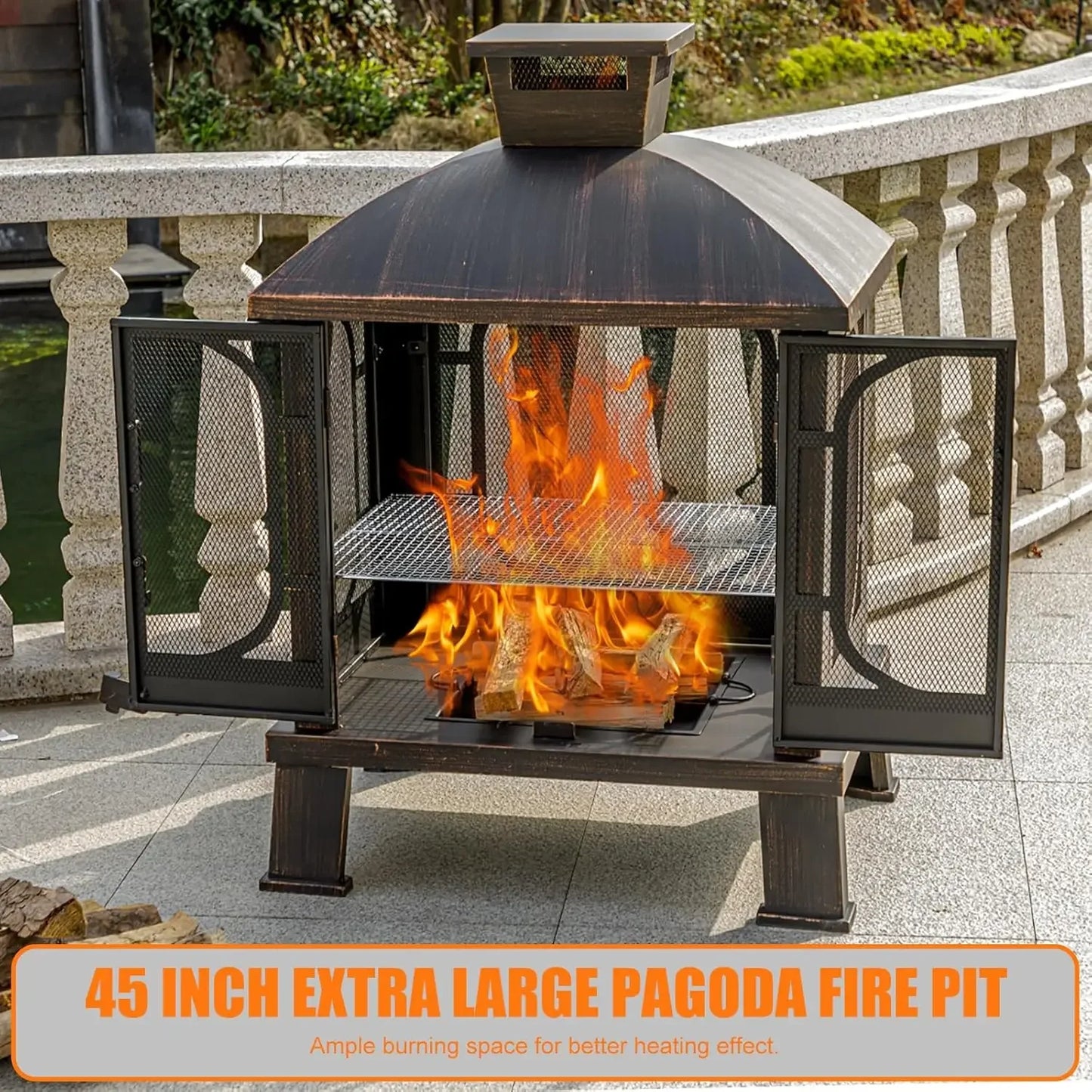 45 Inch H by 31 Inch W Metal Chiminea Fire Pit with Grill Wood Burning Fire Pit for Outside Square Chiminea Fireplace with Mesh Spark Screen Door and Fire Poker for Garden Yard BBQ Bonfire