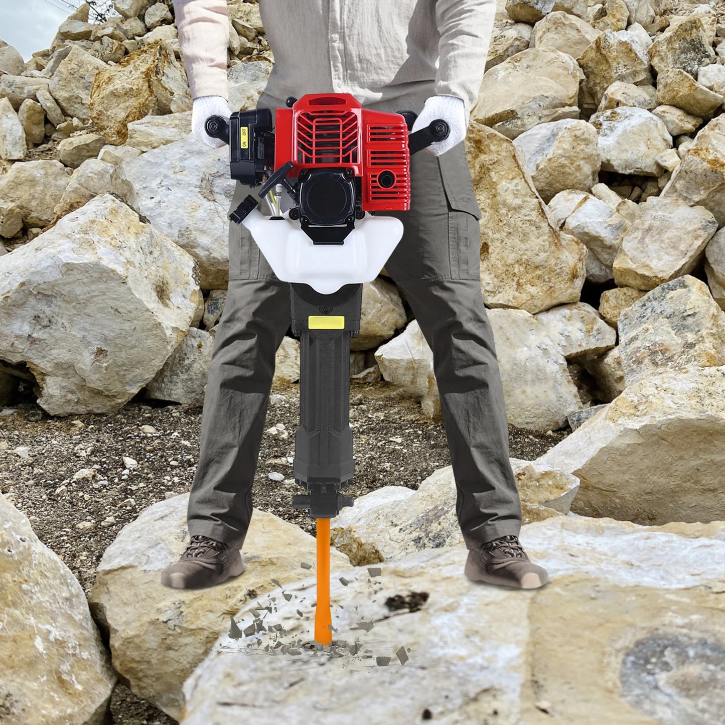Demolition Jack Hammer 1900W, 52CC Gas Powered Breaker With 1500bpm Impact Frequency, 20-55J Impact Energy for Concrete Rock Breaking, Point & Flat Chisel