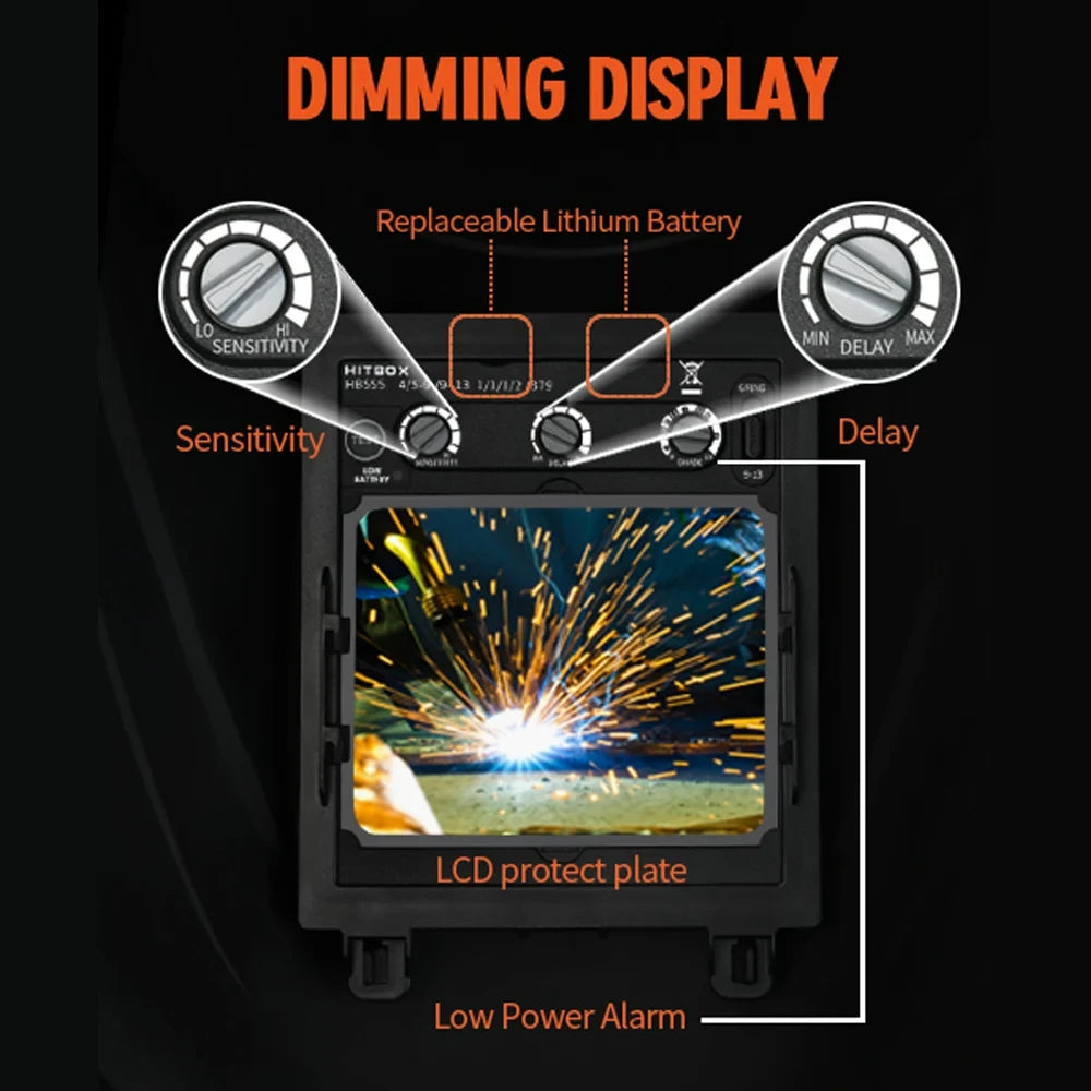 HITBOX HB555 Welding Helmet Auto Darkening 3.9x3.1 inch Large Viewing Welding Hood True Color Solar Battery Powered Welder Mask