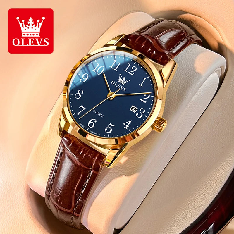 OLEVS Fashion Quartz Watch for Men and Women Leather Strap Waterproof Original Arabic Numeral Scale Perfect Gift for Elders