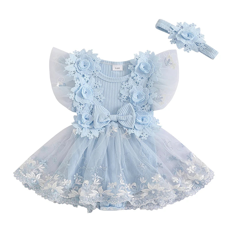 Infant Girls Floral Romper Embroidered Mesh Skirt Headband
