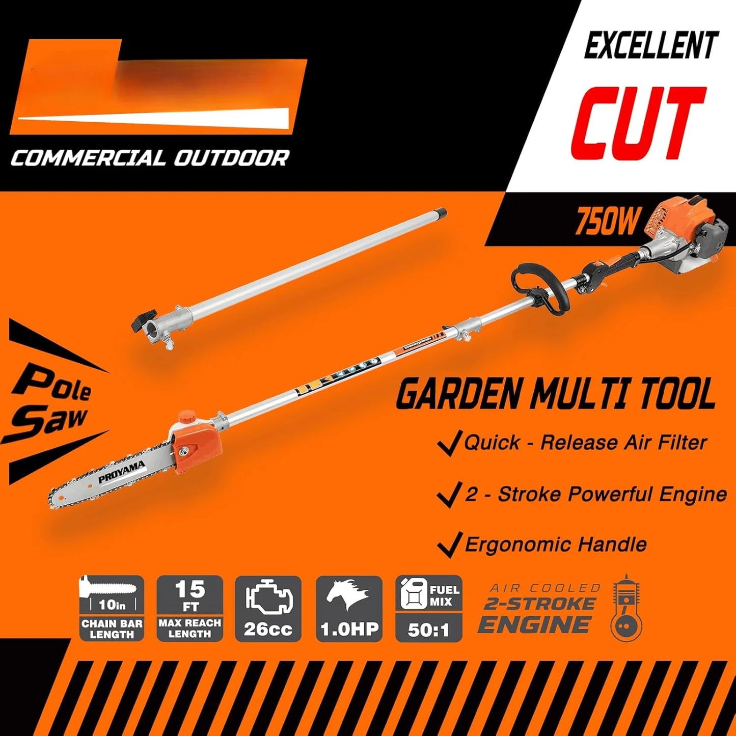 26cc 6 in 1 Gas Powered Multi Functional Trimming Tools Hedge Trimmer Weed Eater String Trimmer Brush Cutter Edger Pole Saw Chainsaw Pruner