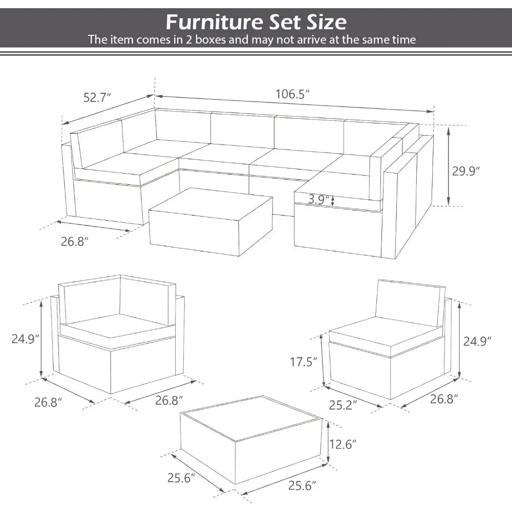 7 Piece Outdoor Patio Furniture Set Grey PE Rattan Wicker Sectional Chair Set with Cushions