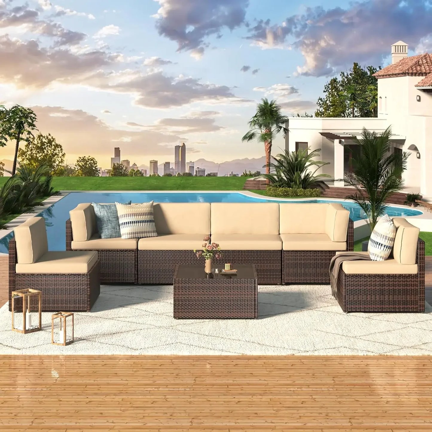 7 Piece Outdoor Patio Furniture Set Grey PE Rattan Wicker Sectional Chair Set with Cushions