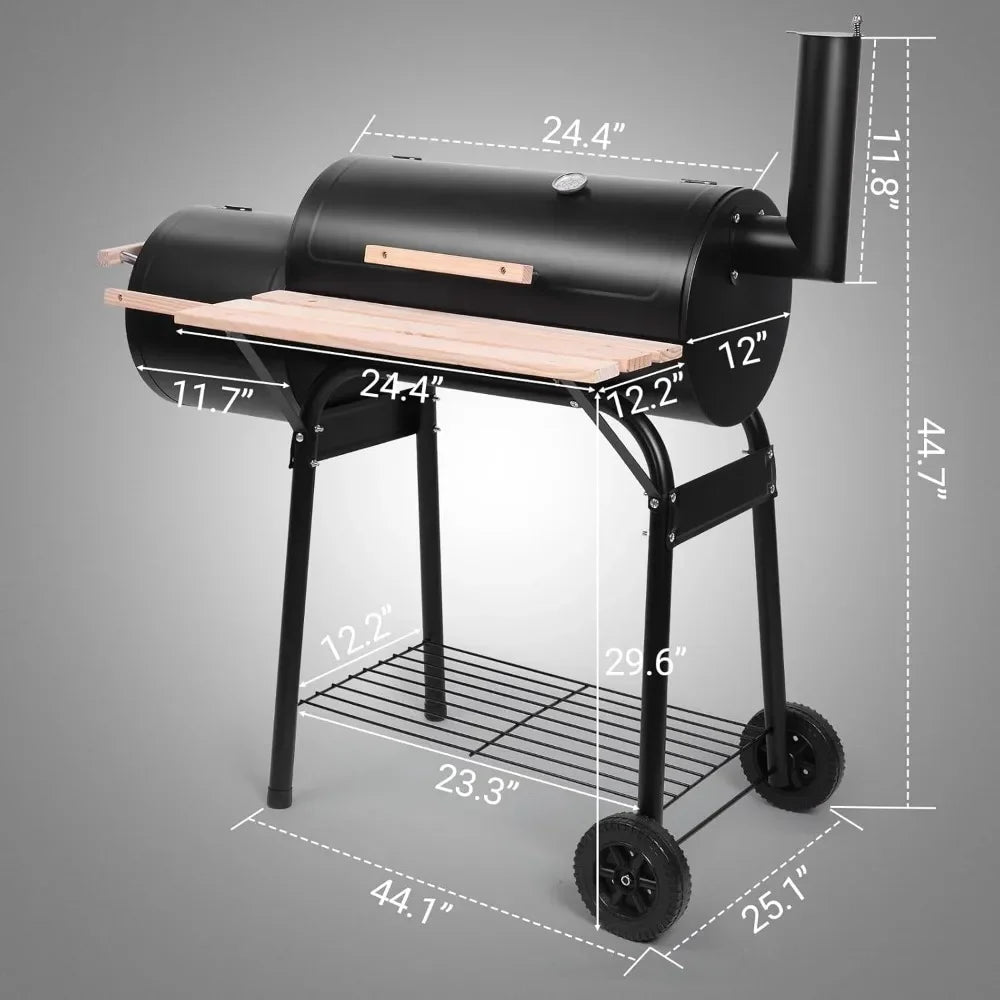 Charcoal Grill and Offset Smoker Outdoor Patio Barbecue Cooker with Wheels Side Fire Box for Camping Picnic Party