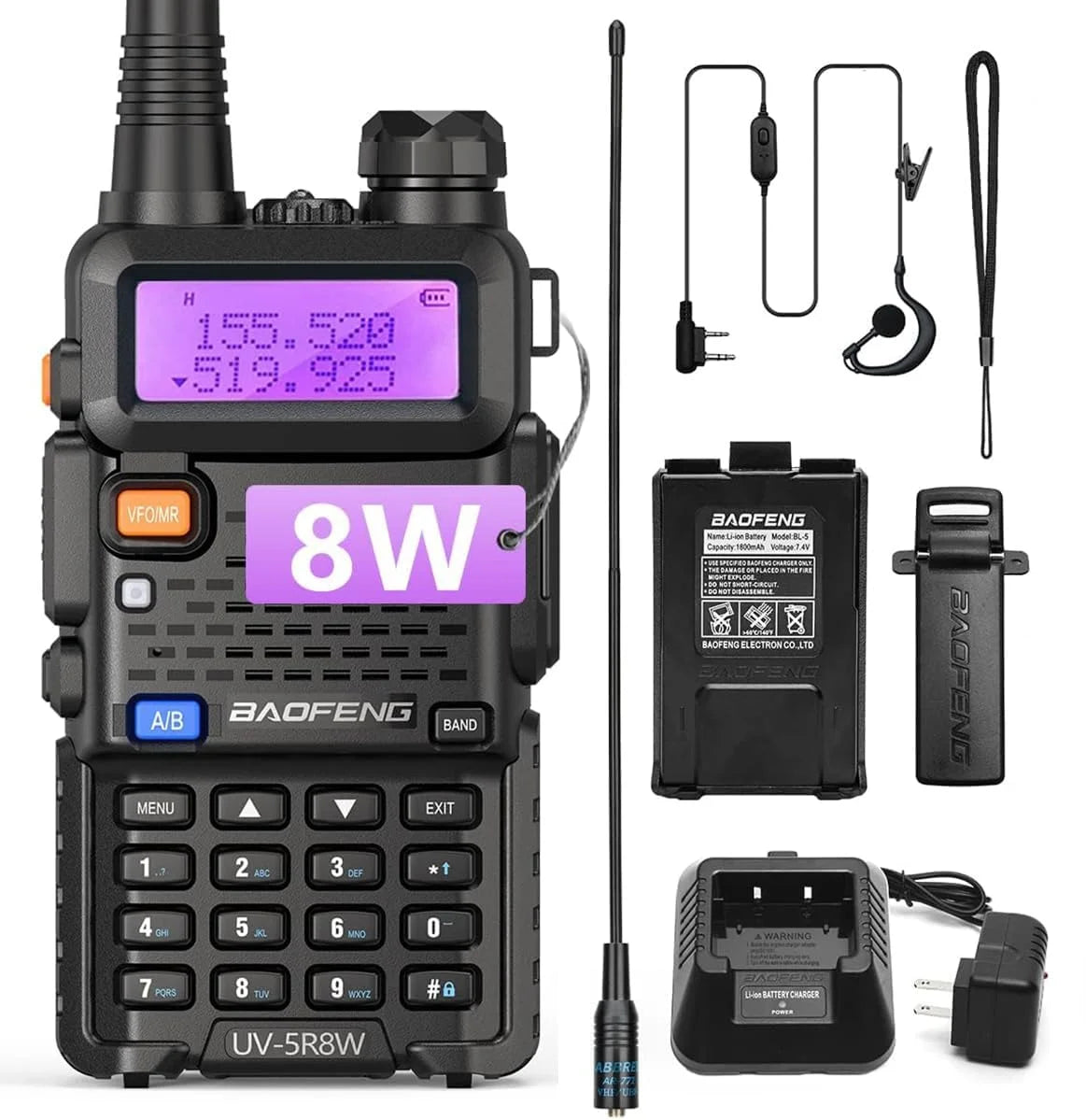 Baofeng UV-5R 8W Dual Band Walkie Talkie 1800mAh Battery
