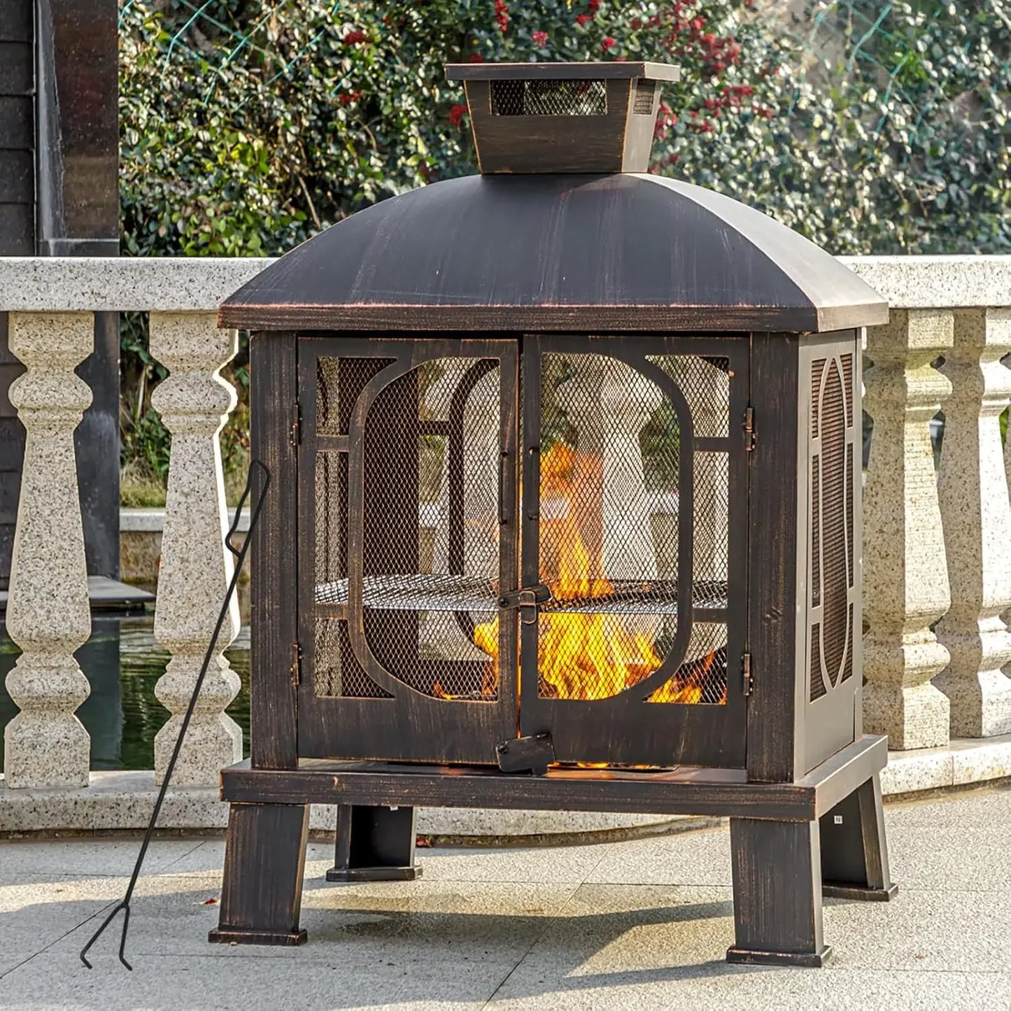 45 Inch H by 31 Inch W Metal Chiminea Fire Pit with Grill Wood Burning Fire Pit for Outside Square Chiminea Fireplace with Mesh Spark Screen Door and Fire Poker for Garden Yard BBQ Bonfire
