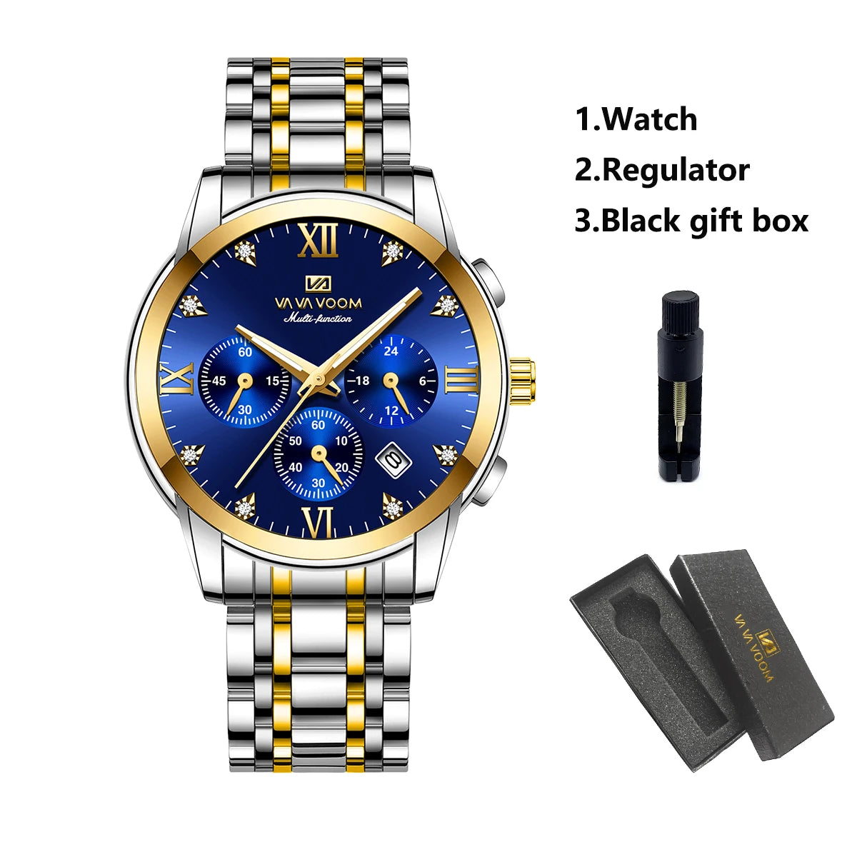 Va Va Voom Men's Multifunctional Watch Fashionable Stainless Steel Strap Blue Gold Rhinestone Casual Sports Timepiece