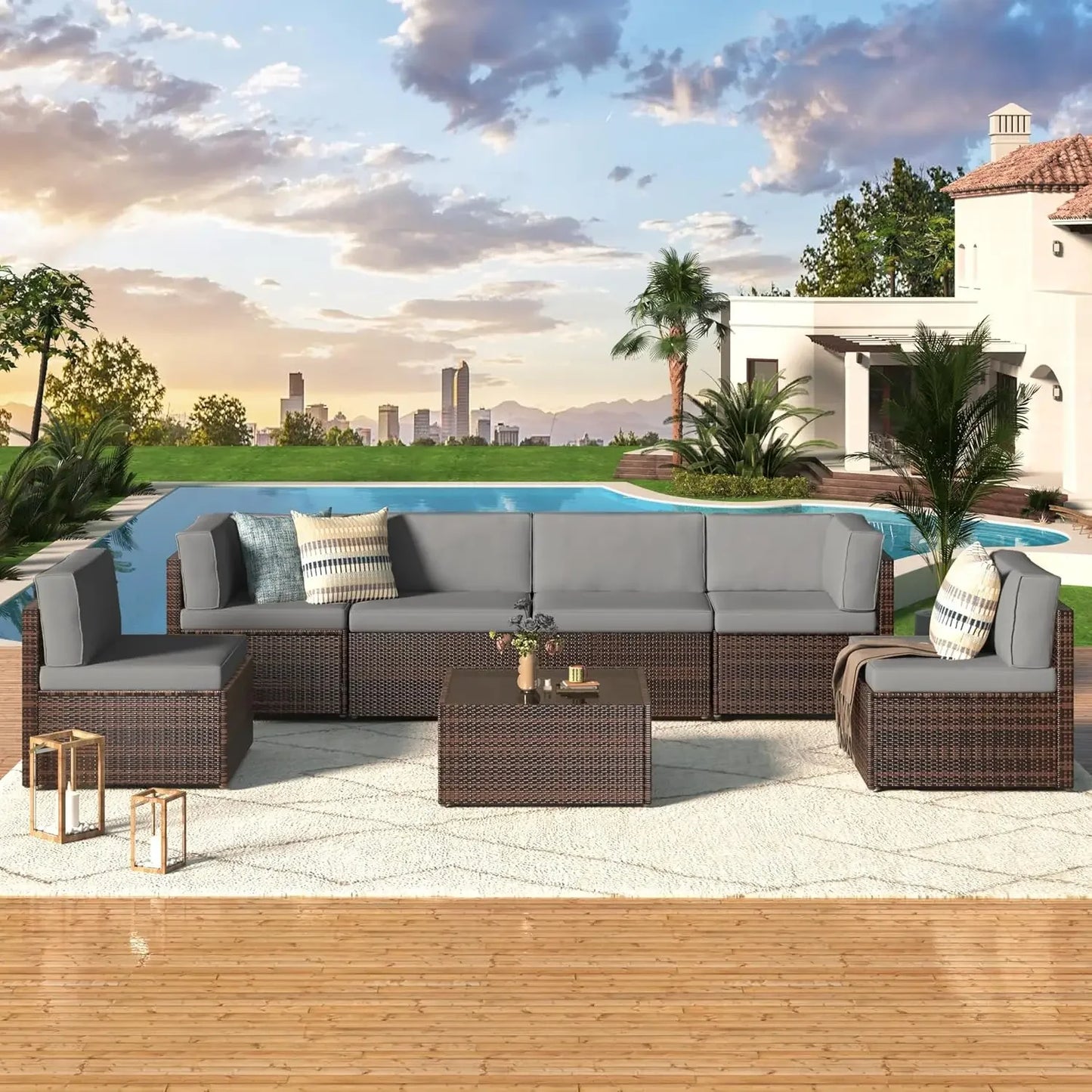 7 Piece Outdoor Patio Furniture Set Grey PE Rattan Wicker Sectional Chair Set with Cushions
