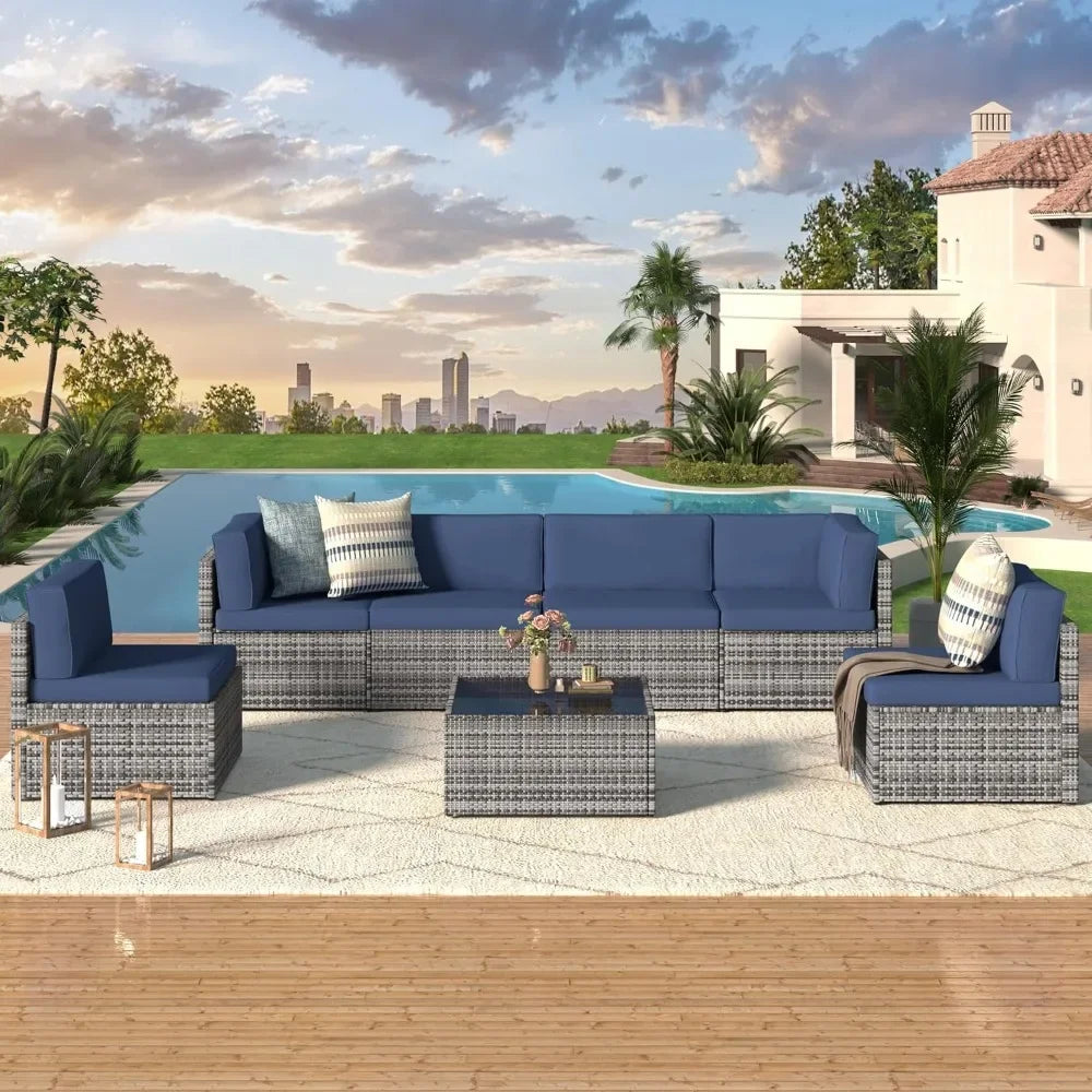 7 Piece Outdoor Patio Furniture Set Grey PE Rattan Wicker Sectional Chair Set with Cushions