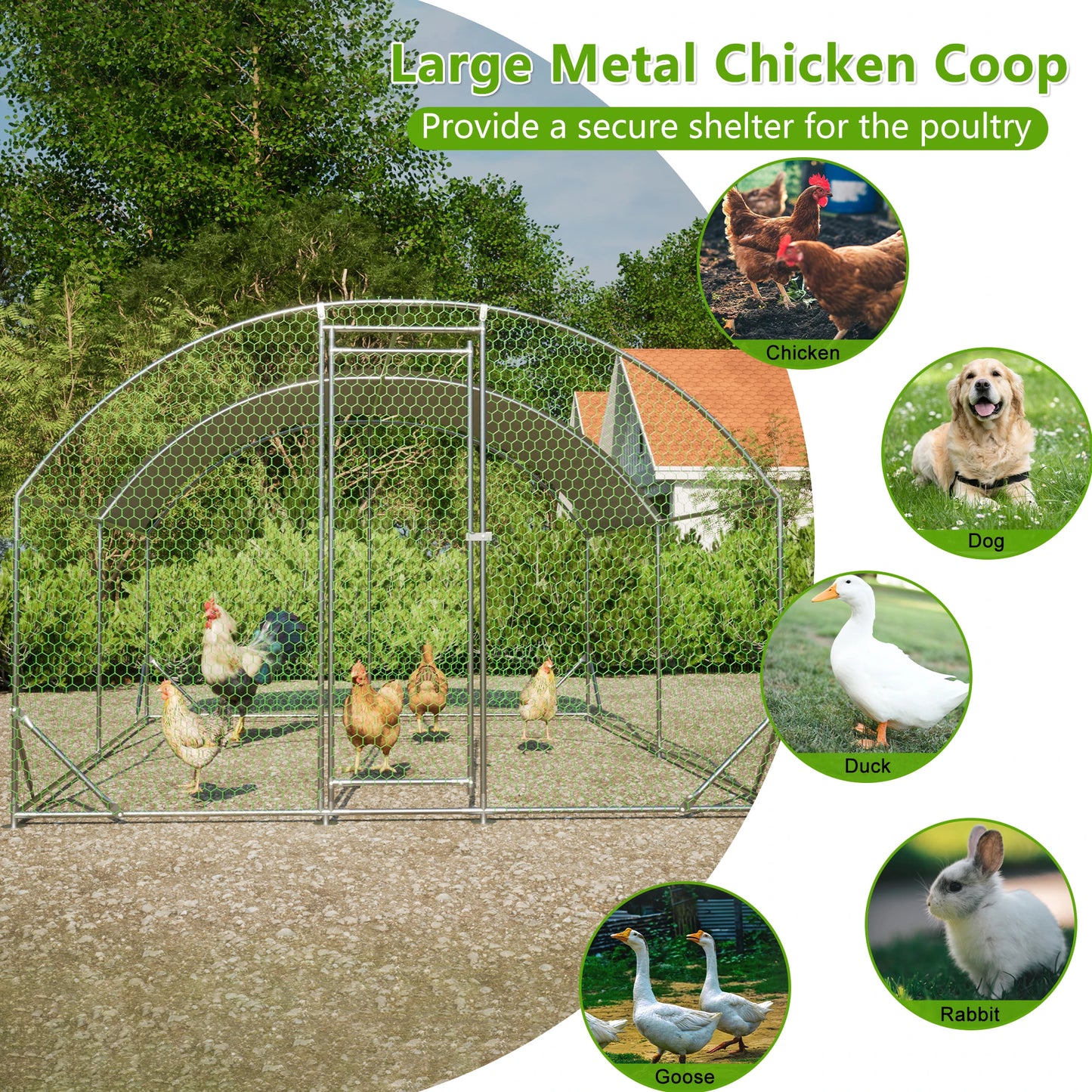 LZBEITEM Large Chicken Coop Metal Chicken Run with Waterproof Anti-UV Cover Dome Shaped Walk-in Fence Cage Hen House