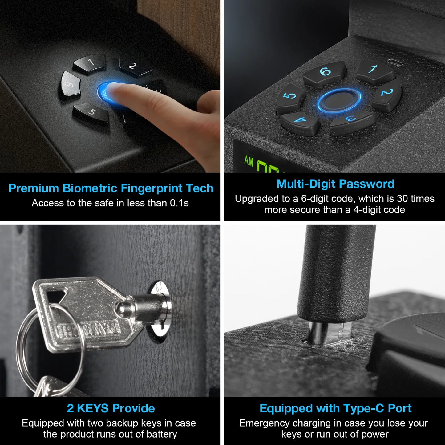 Biometric Bedside Handgun Safe Quick Access Pistol Lock Box for Nightstand Car Fingerprint Pin Code Type C