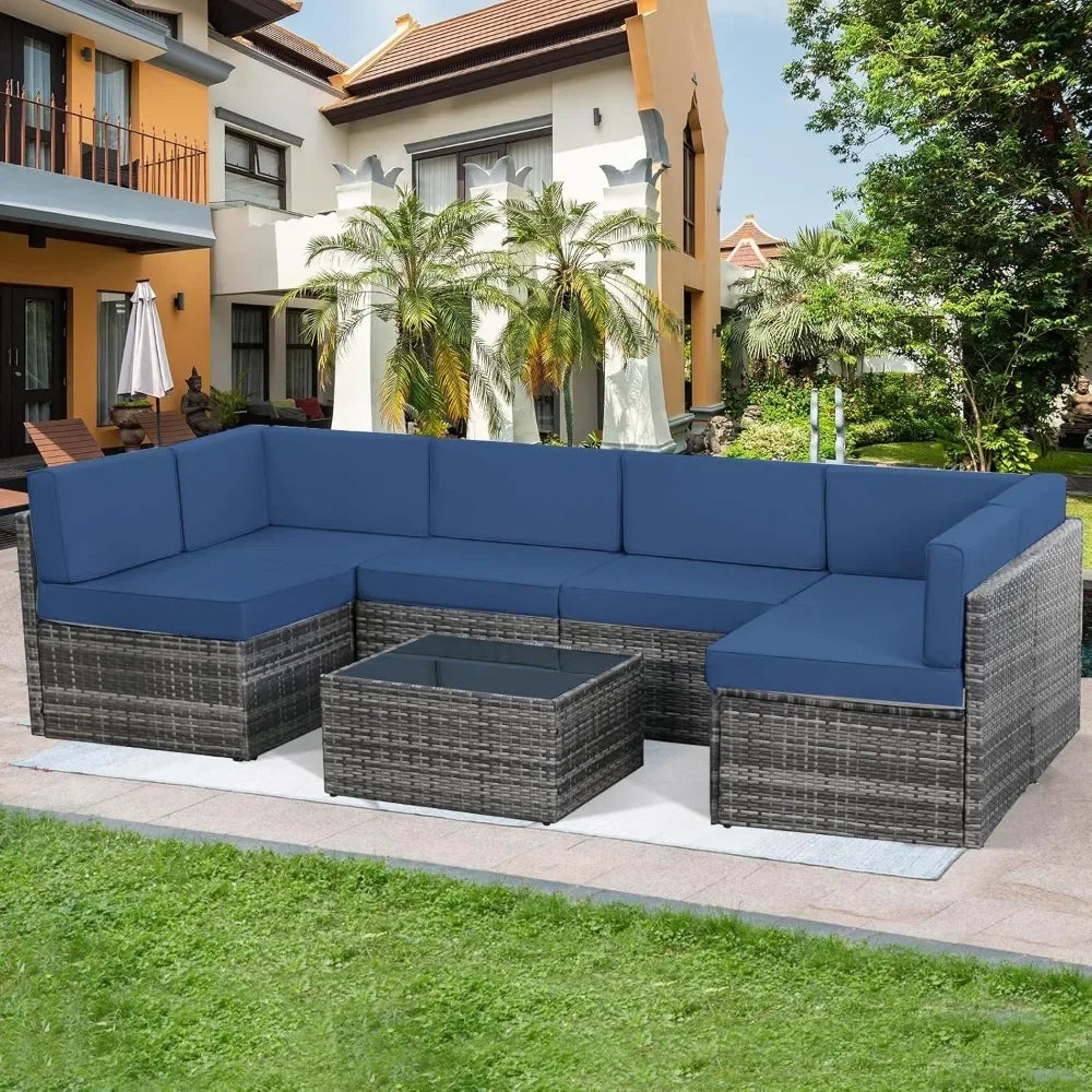 7 Piece Outdoor Patio Furniture Set Grey PE Rattan Wicker Sectional Chair Set with Cushions