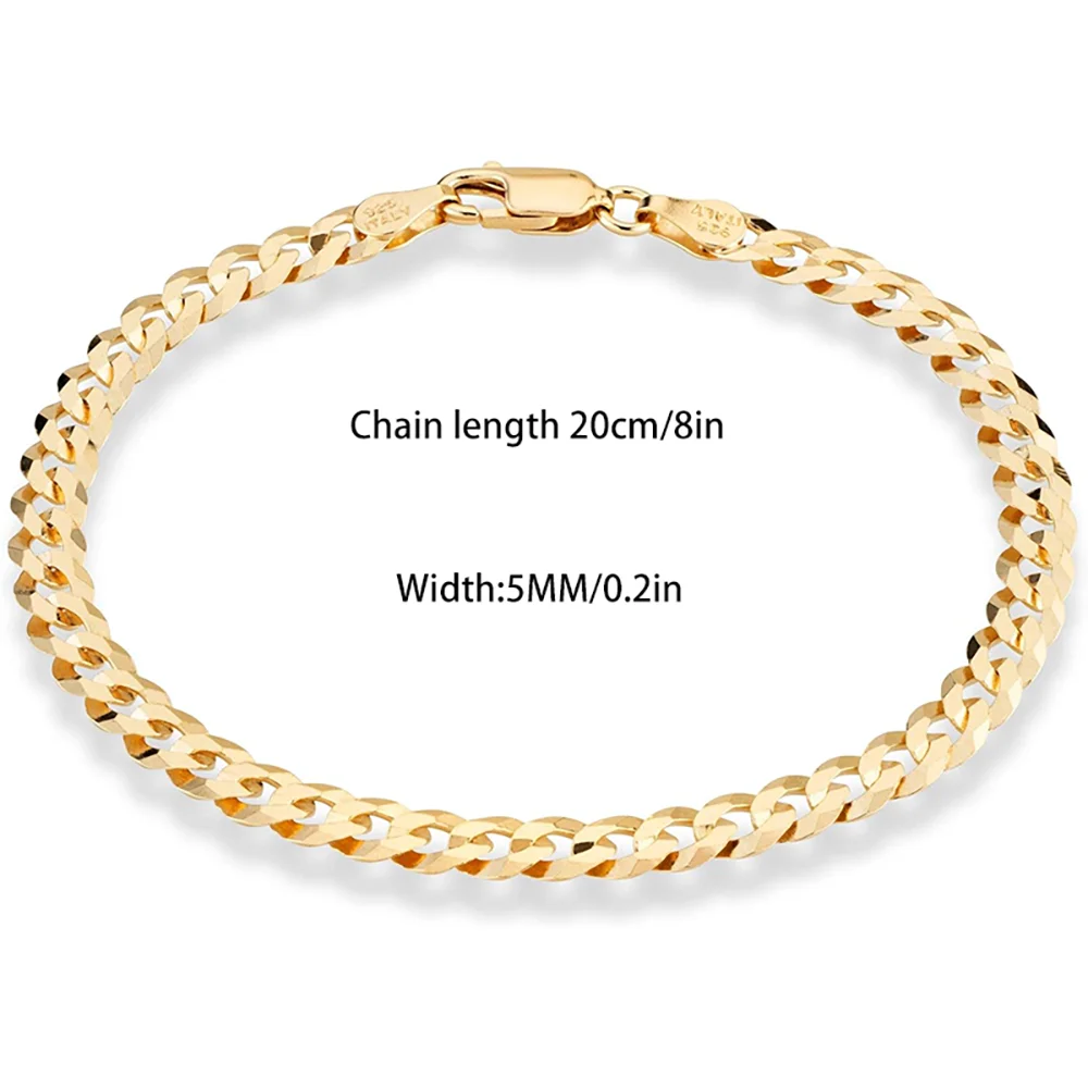 14K Gold Plated 5/7mm Locomotive Men Punk Rock Curb Cuban Link Chain 925 sterling silver Bracelet for Women Biker Jewelry Gift