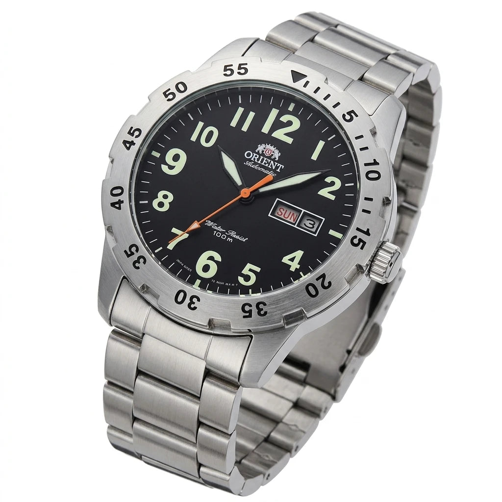 Orient Japanese Automatic Wristwatch for Men, 100M Water Resistant Dual Day Date Luminous Stainless Steel Sports Watch