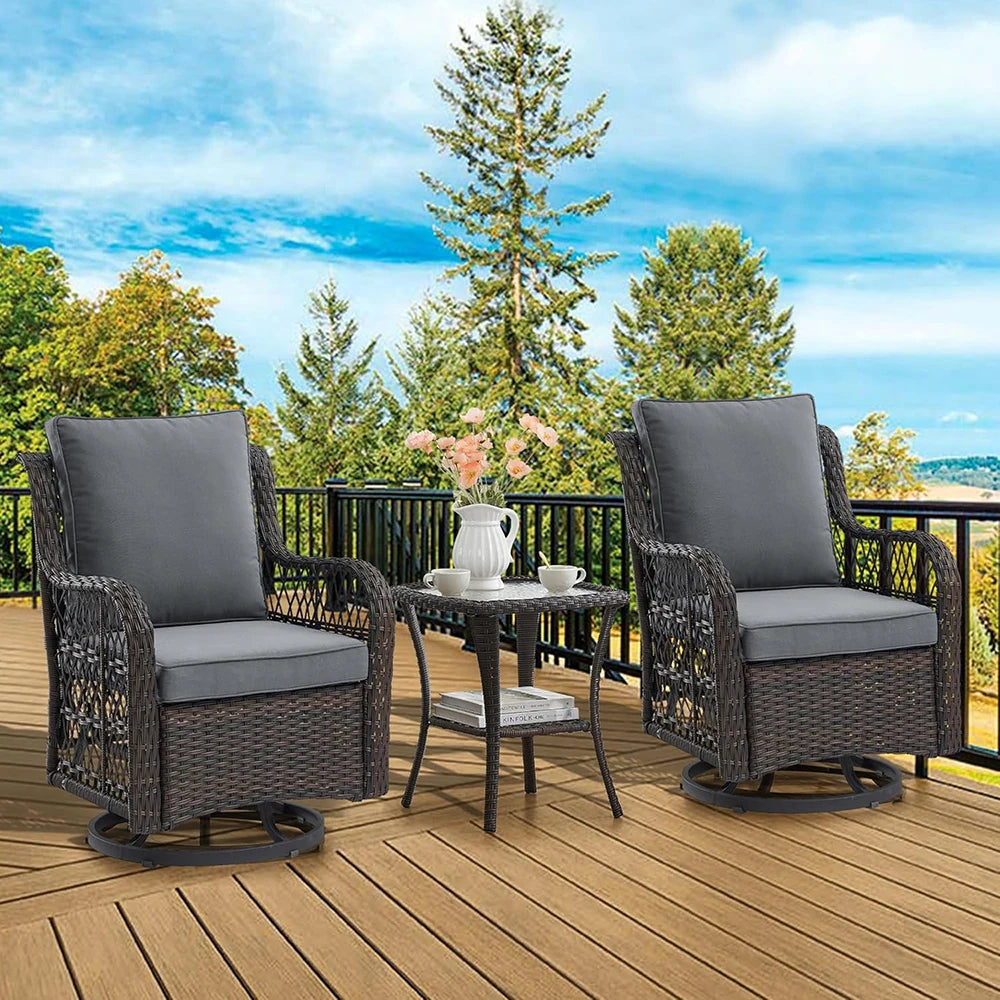 3 Piece Wicker Swivel Rocking Patio Set With Cushions Two Chairs And Glass Table