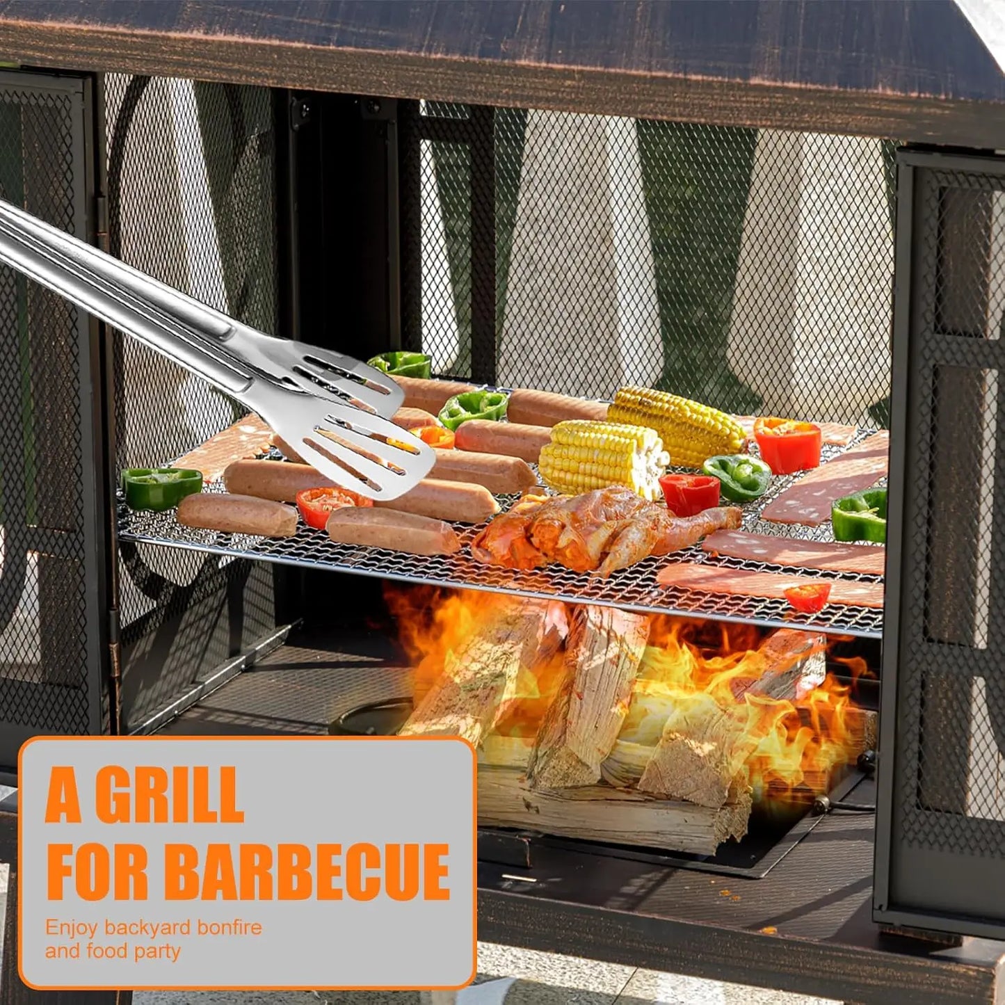 45 Inch H by 31 Inch W Metal Chiminea Fire Pit with Grill Wood Burning Fire Pit for Outside Square Chiminea Fireplace with Mesh Spark Screen Door and Fire Poker for Garden Yard BBQ Bonfire