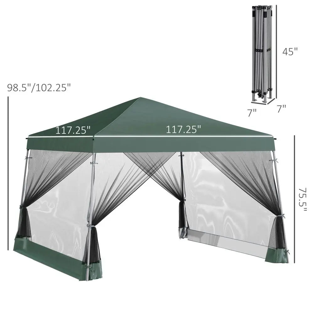 Instant Pop Up Slant Leg Canopy Tent Green Netting Height Adjustable Sun Shelter with Carry Bag for Outdoor Garden Patio Parties