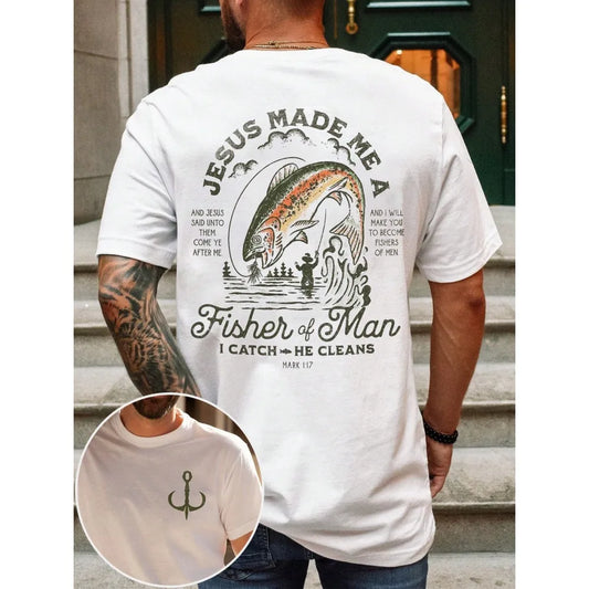 Men's Casual Fishing Print Pattern T-Shirt Fashionable Simple Design For Daily Wear