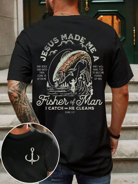 Men's Casual Fishing Print Pattern T-Shirt Fashionable Simple Design For Daily Wear